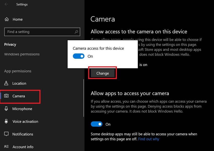 disable or enable camera access for Windows 10