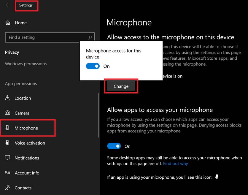 enable disable Microphone access for Windows