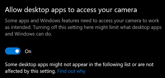 enable or disable desktop apps camera access for PC