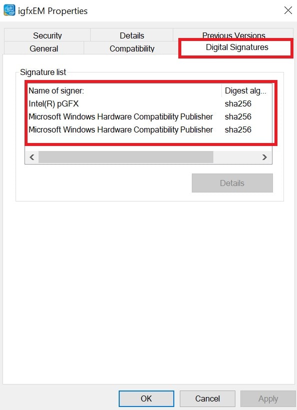 digital signatures on IgfxEM module application file