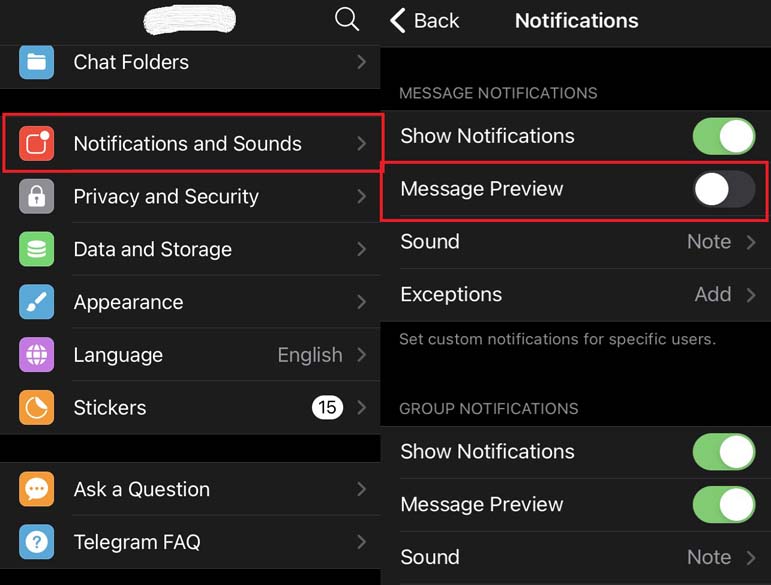 disable the message preview option in Telegram