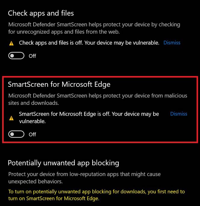 disable SmartScreen on Windows Security Settings