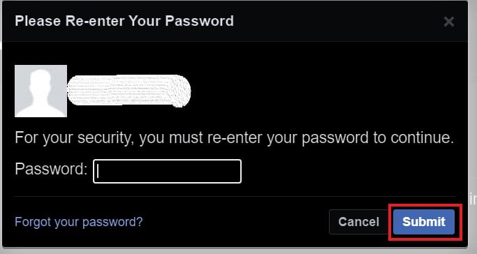 enter Facebook password
