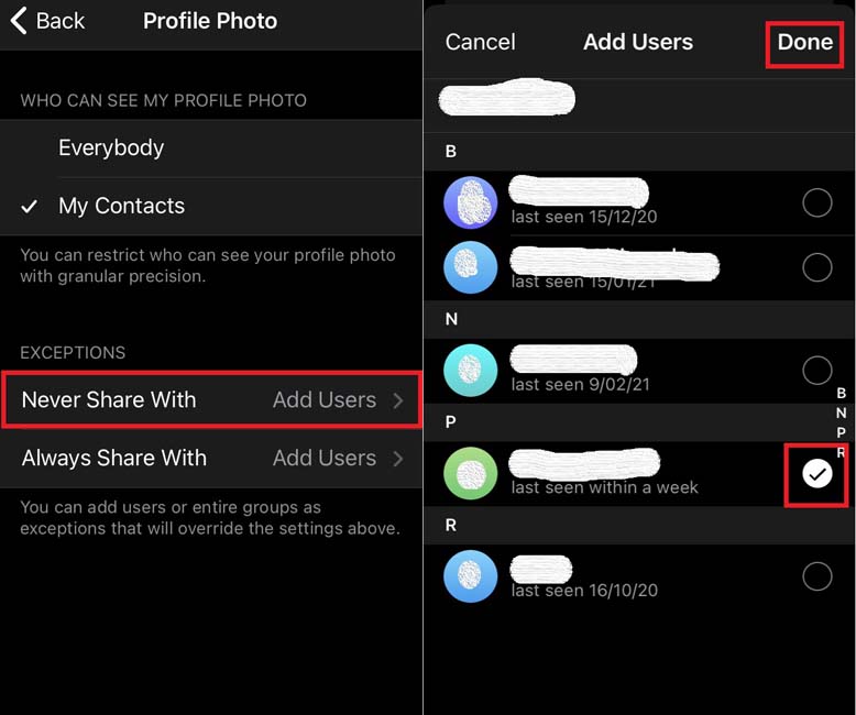 set exceptions for contacts who cannot view your Telegram profile picture