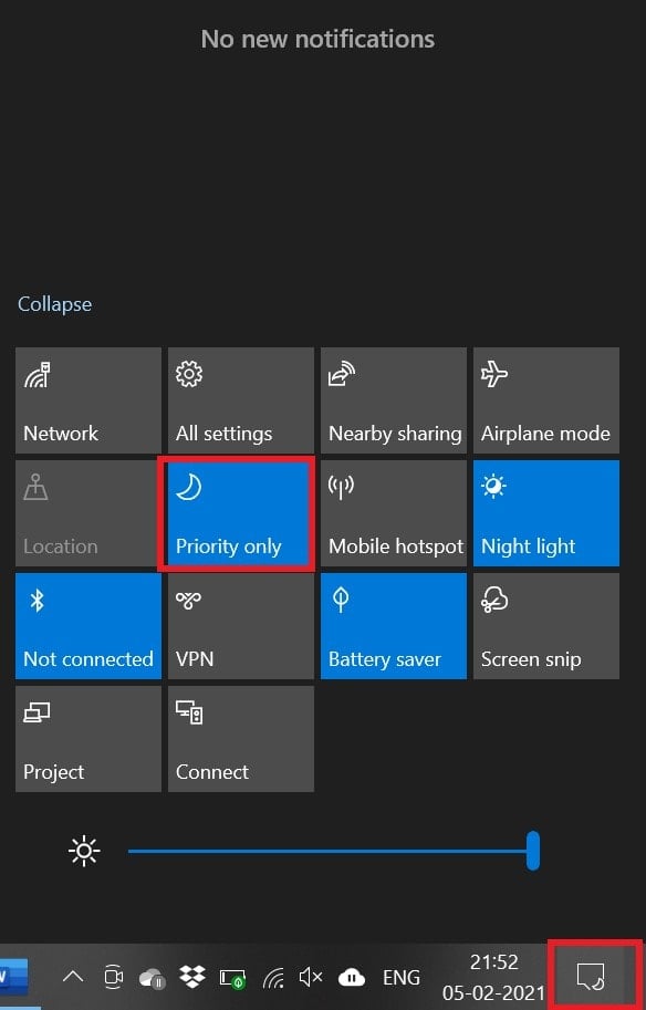 disable notifications on Windows 10 using Focus Assist