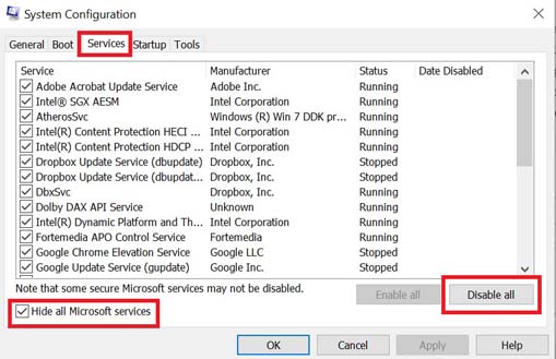 Hide Microsoft Services and disable 