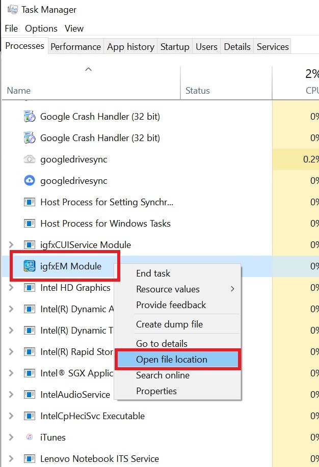 open the file location of IgfxEM module from task manager