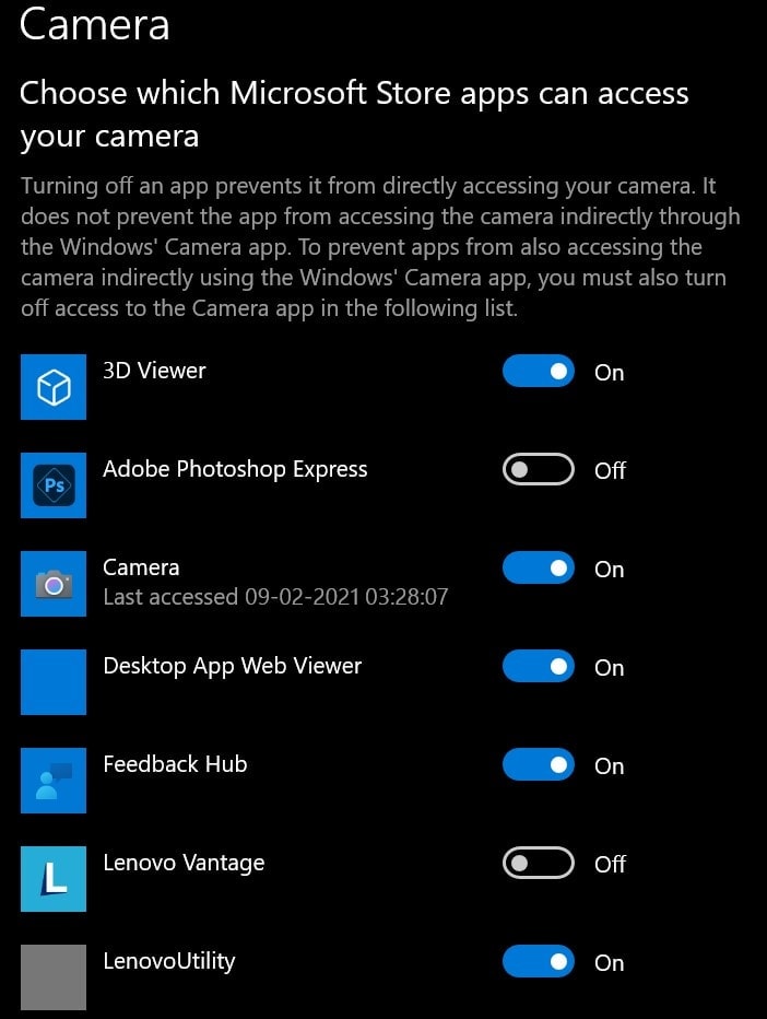 select which Microsoft Store app can access the camera