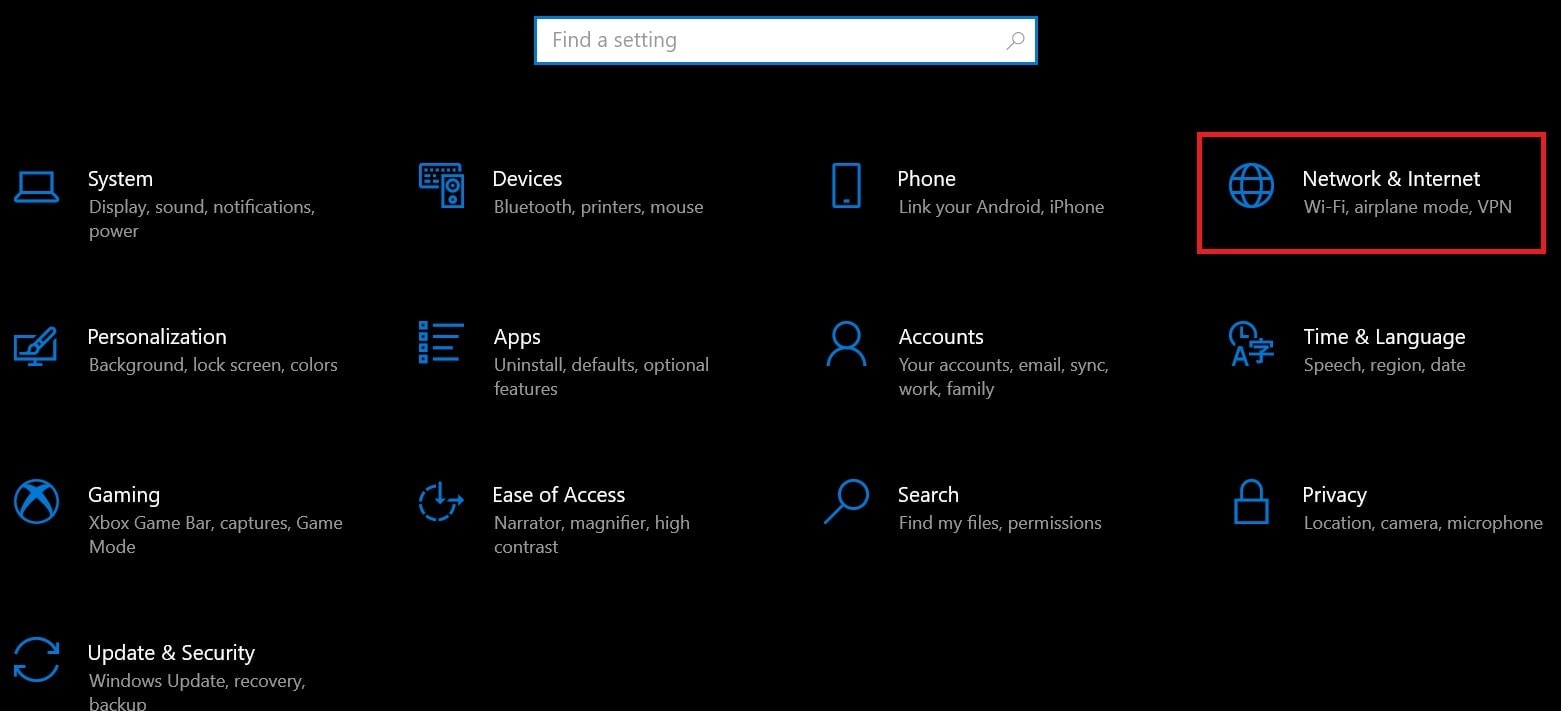 Windows Network and Internet settings