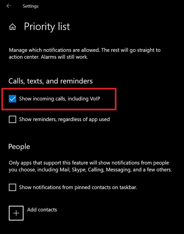 priority list in Focus Assist Windows 10