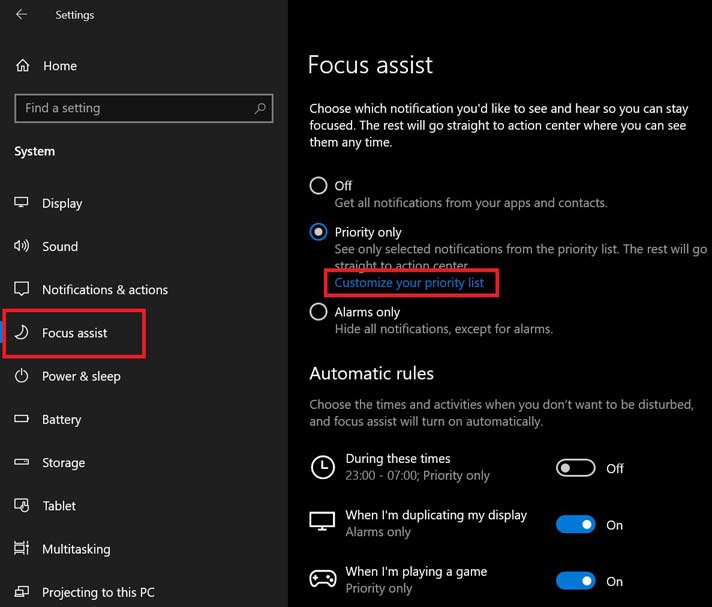 focus assist priority only