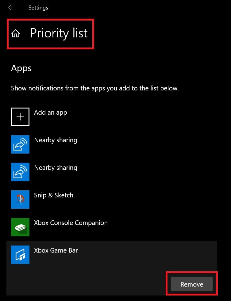 remove app from Focus Assist priority list