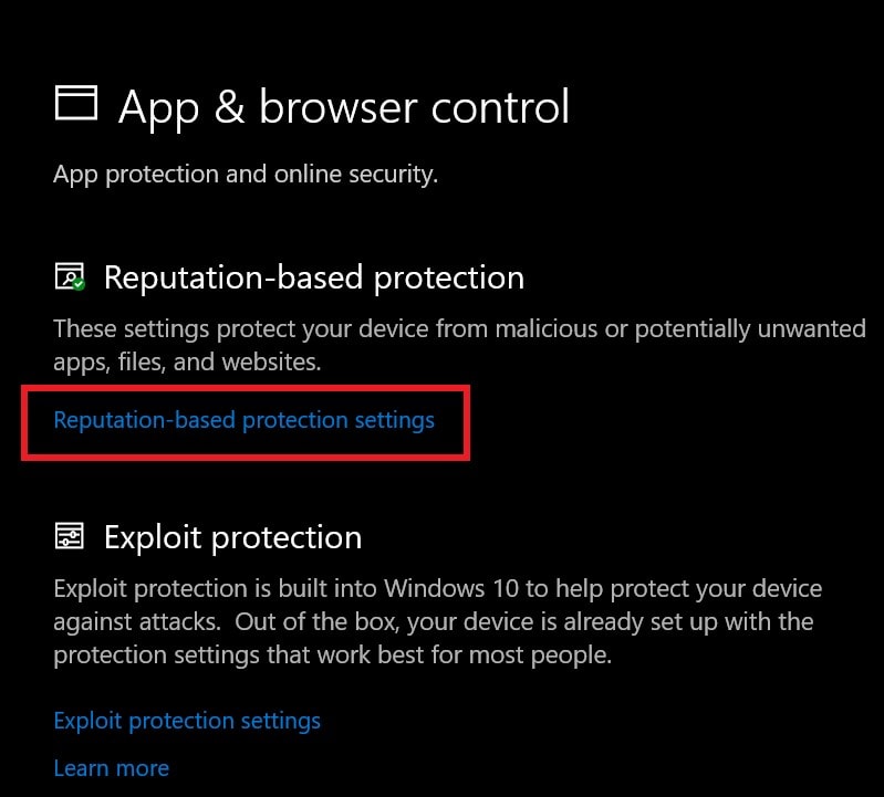 Reputation-based Protection Settings to access Windows SmartScreen