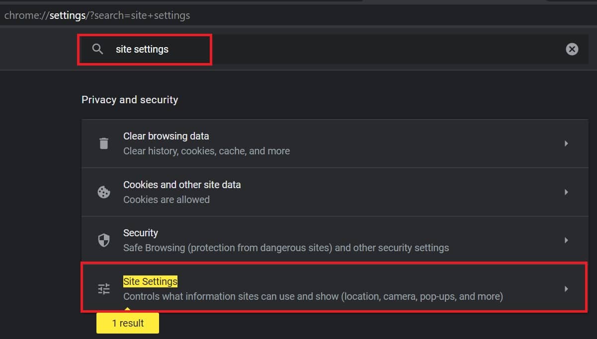 Site settings in Chrome browser