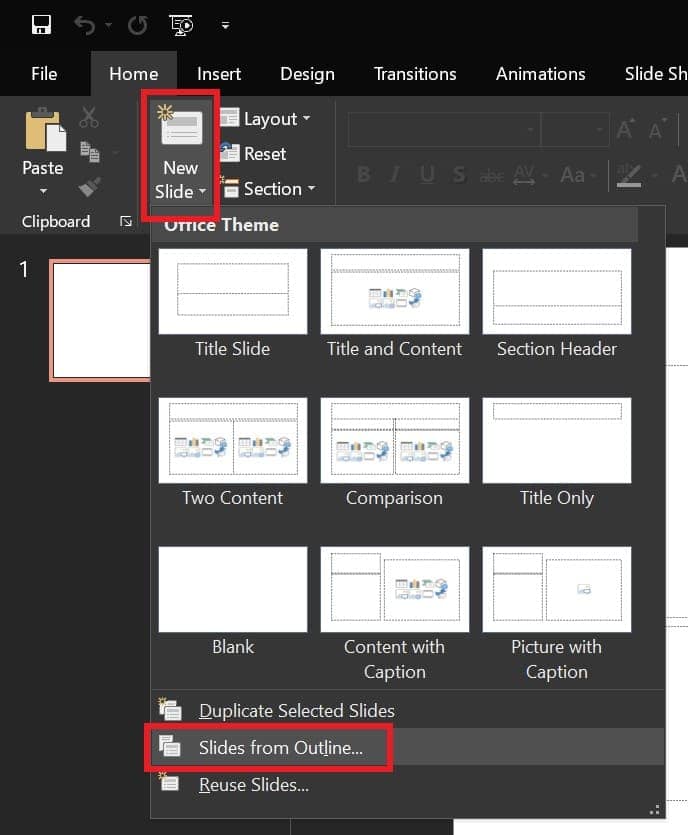 use slides from outline to convert word document to PowerPoint