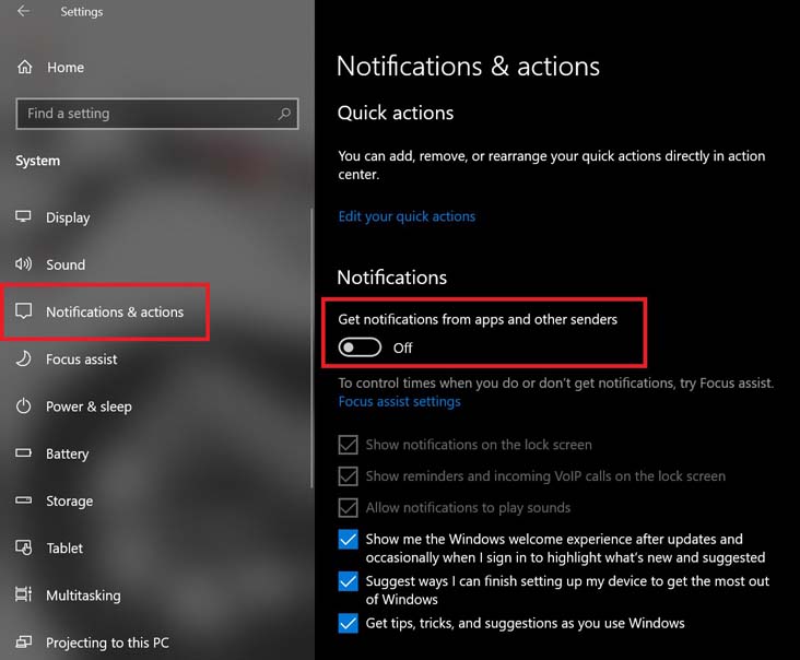 Disable notifications on Windows 10