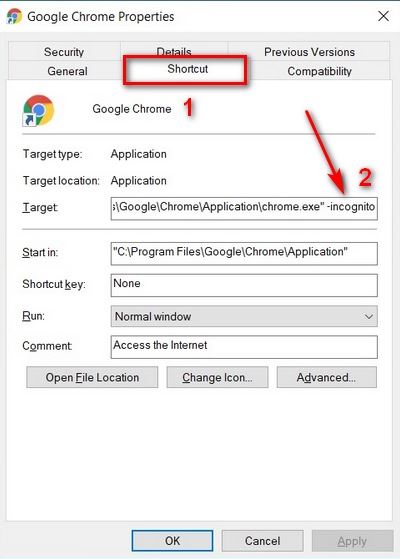 Always Open Chrome, Firefox or Edge Browser in incognito Mode on Windows 10