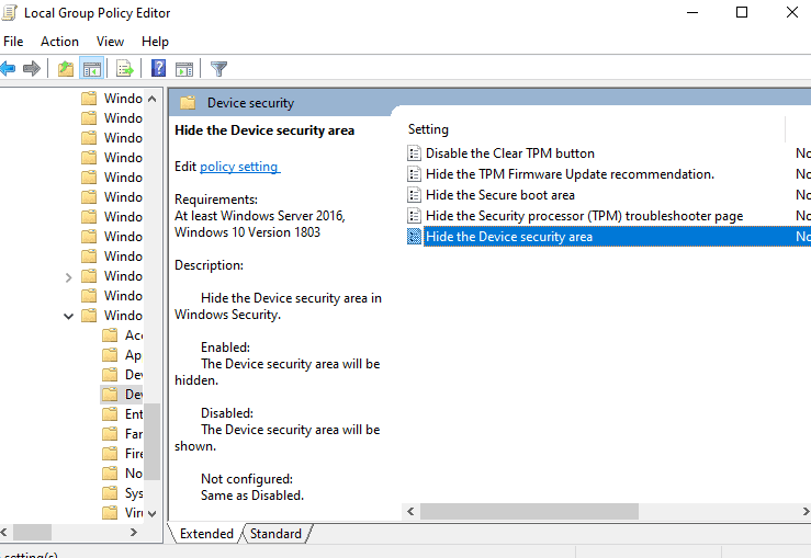 How to Hide Device Security Area in Windows 10?