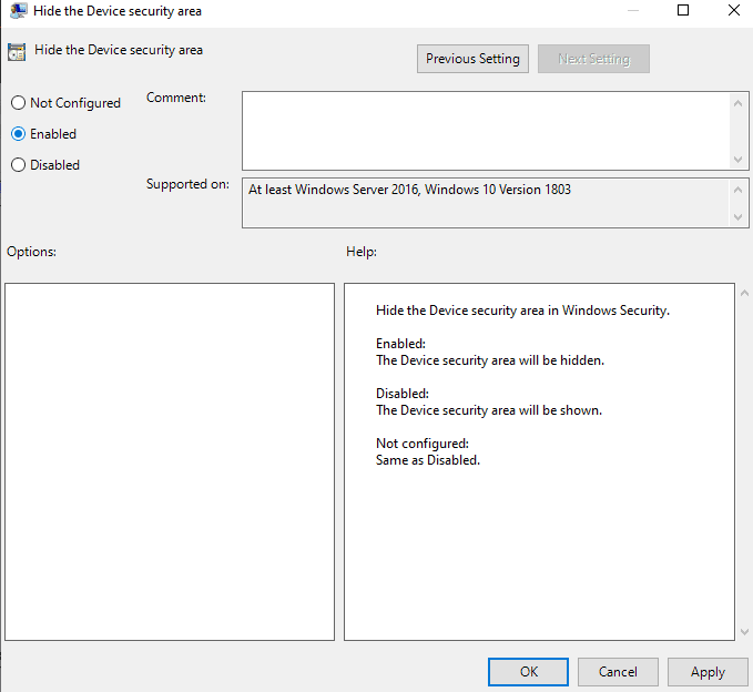 How to Hide Device Security Area in Windows 10?