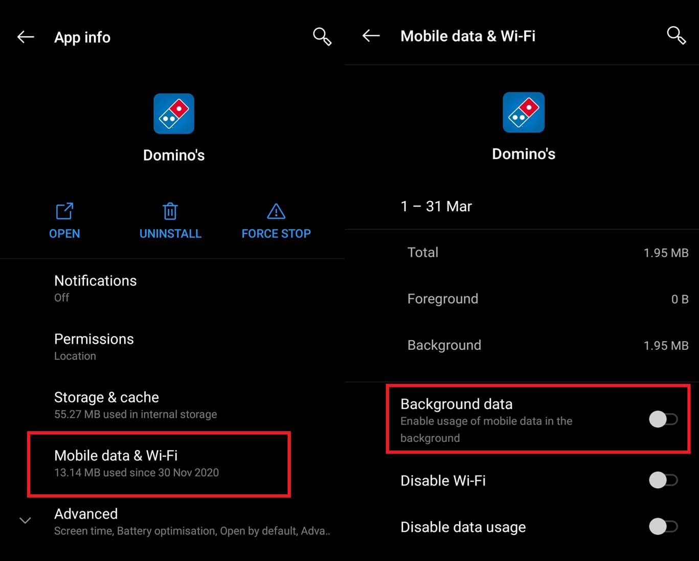 prevent android app from using background data