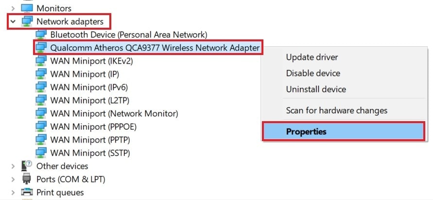 Windows Network Adapter properties