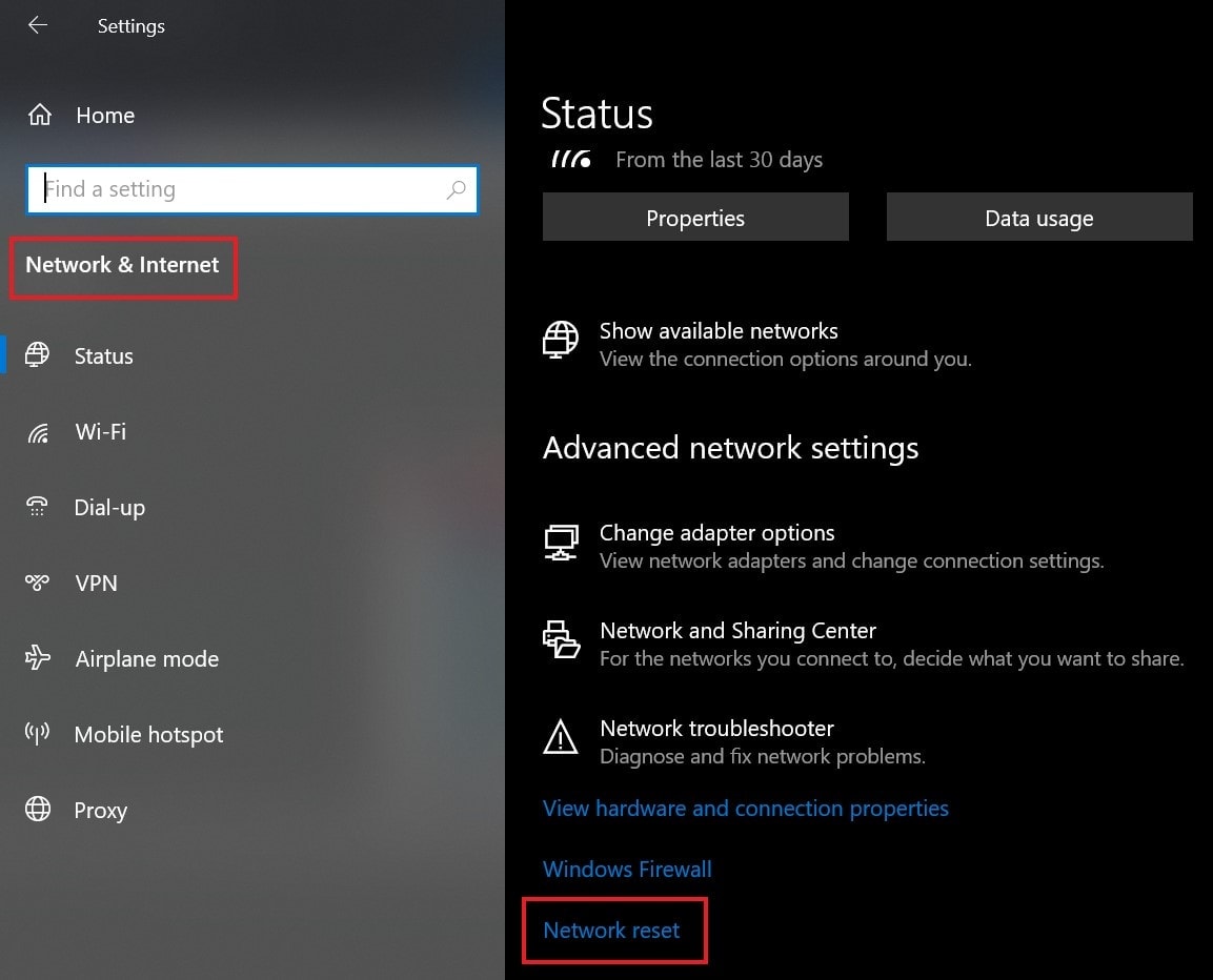 reset network to fix airplane mode error on Windows 10