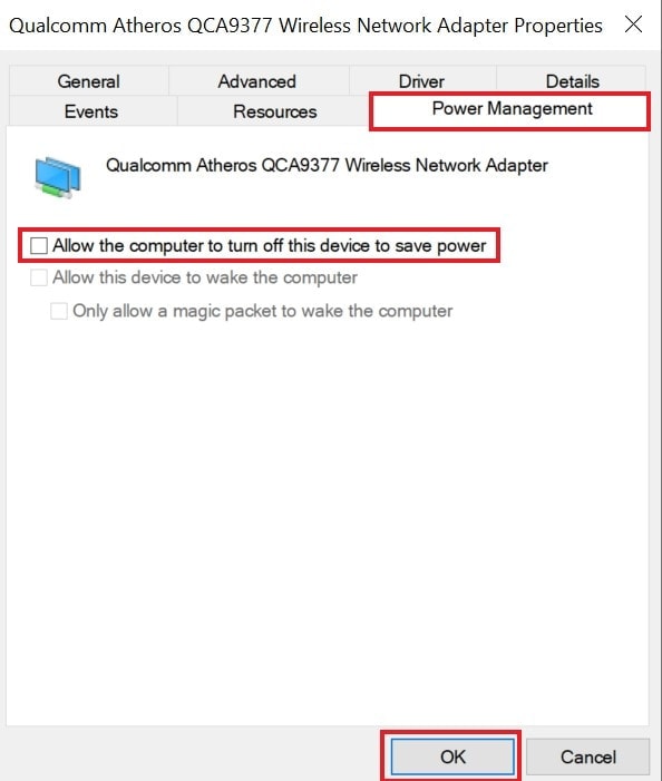 Uncheck power management option to fix airplane mode error