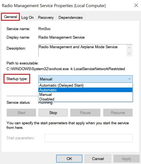 set radio management startup type to Automatic 