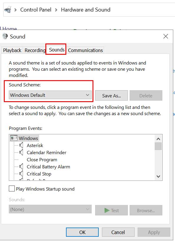 windows sound schemes windows 10