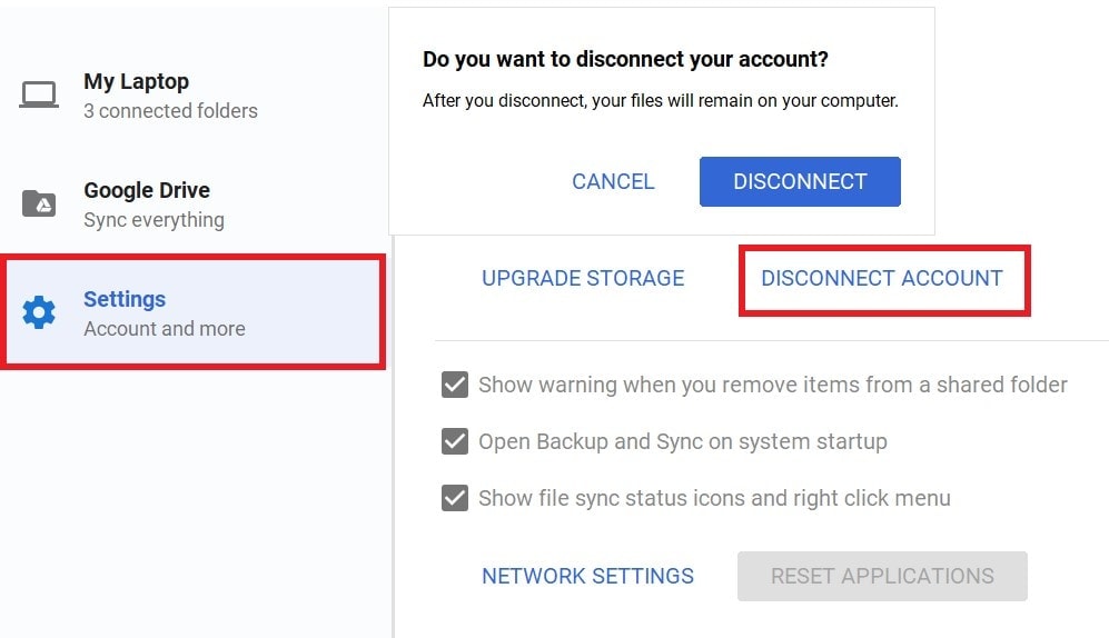 disconnect Gmail account from Google drive