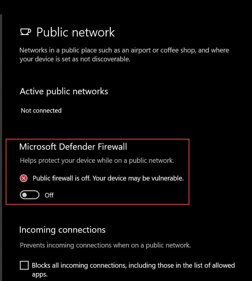 Microsoft Defender Firewall turned off