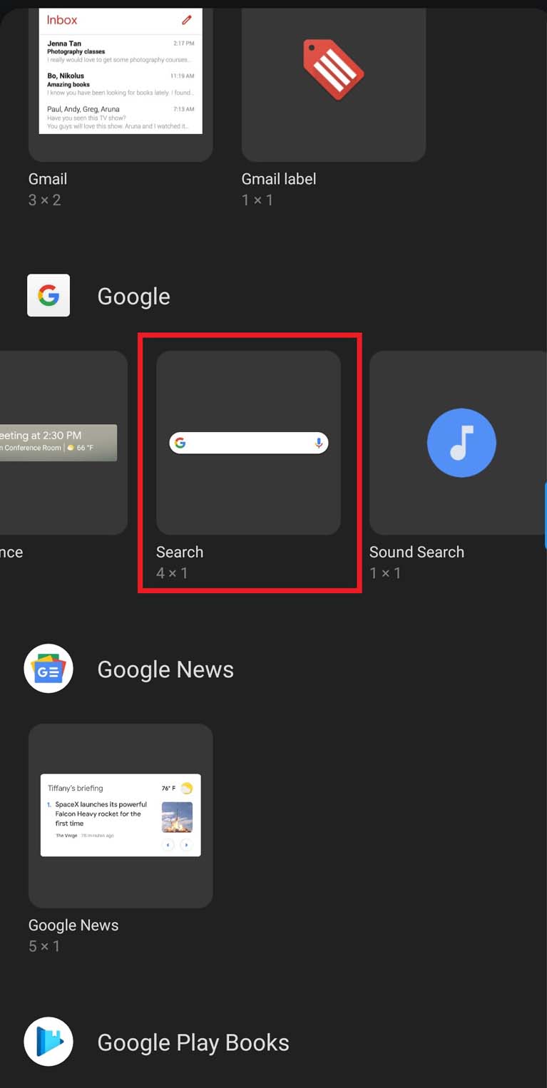 Google search bar widget