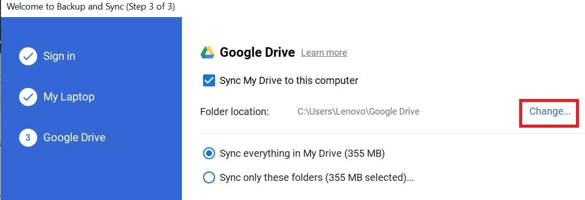 change Google Drive folder location