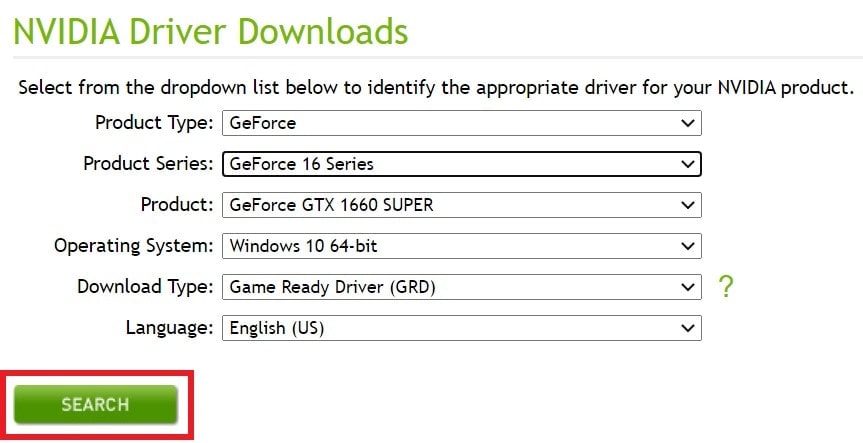 Set the GeForce GTX 1660 SUPER details in driver downloads