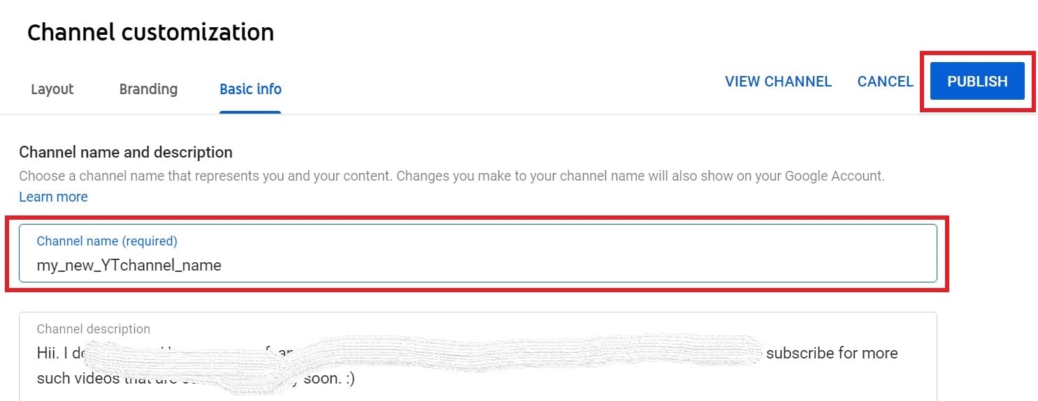 publish new YouTube channel name