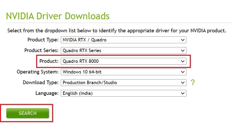 Search for Nvidia Quadro RTX 8000 drivers