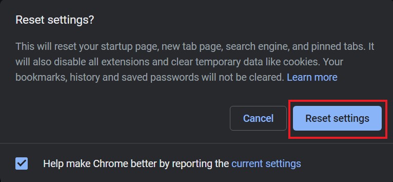 confirm resetting Chrome browser