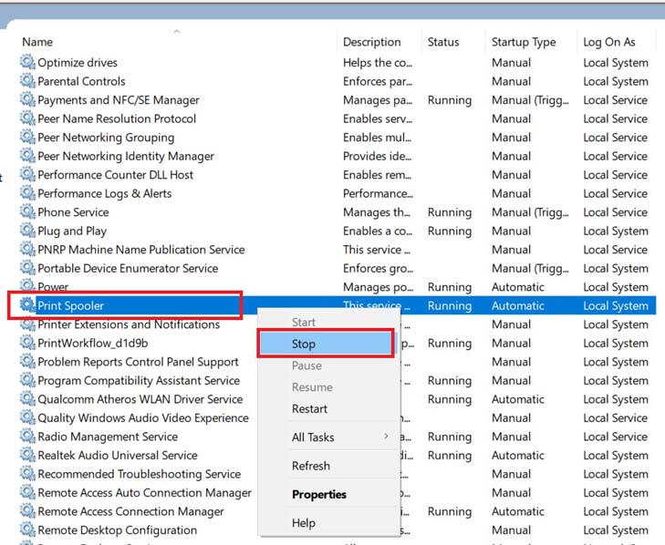 stop print spooler to fix Brother Printer not printing issue
