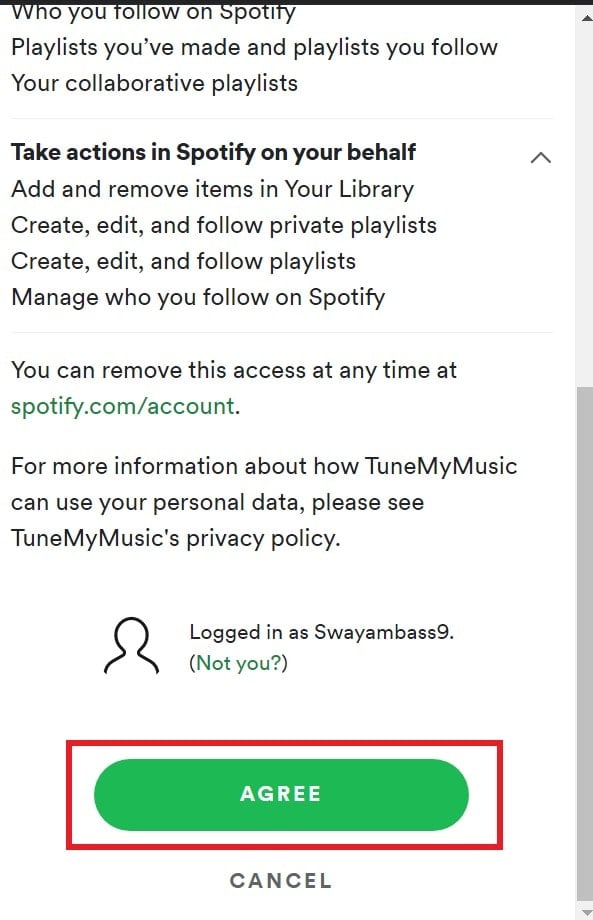 Agree to allow access to Tunemymusic