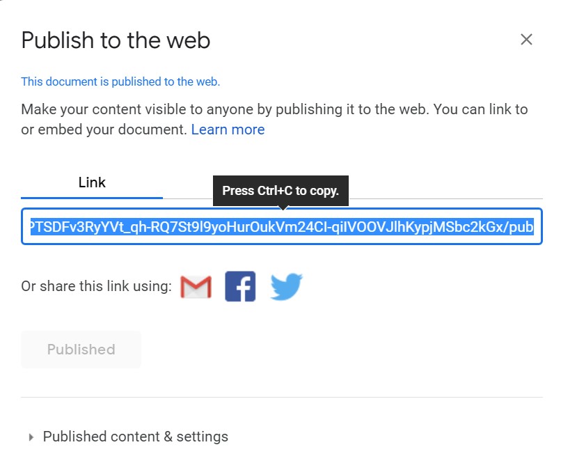 copy link for publishing the Google Doc
