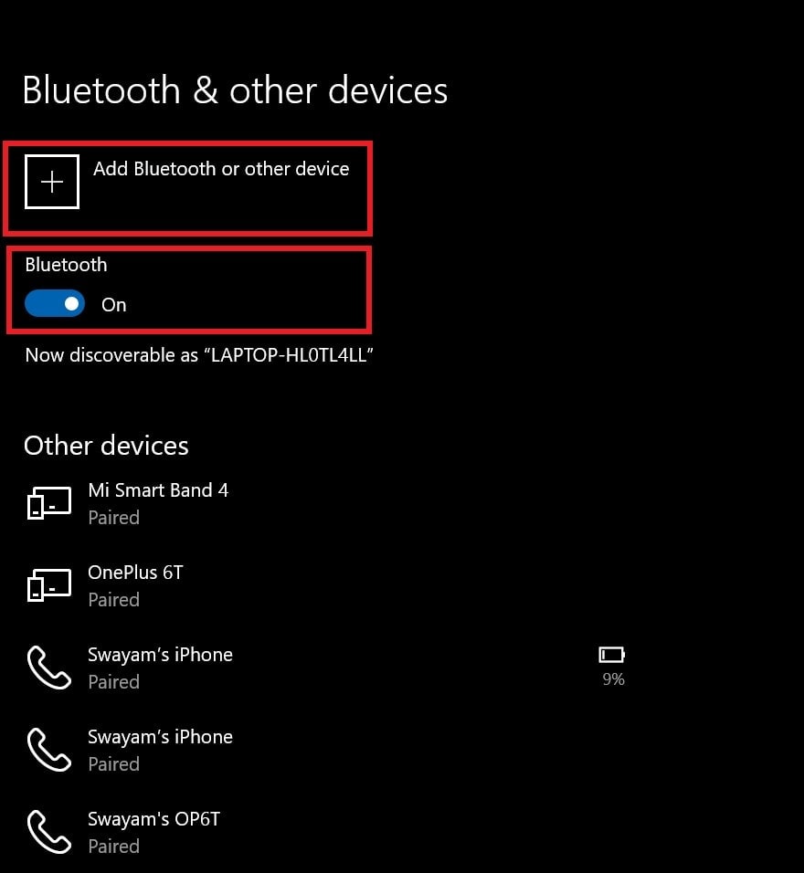 Bluetooth on Windows set to On