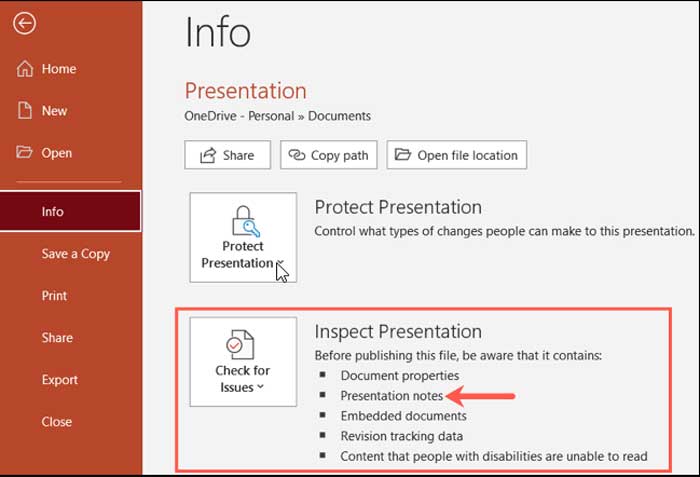 Inspect Presentation.