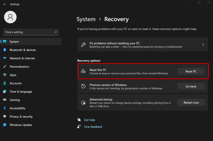 Reset your Windows 11 PC