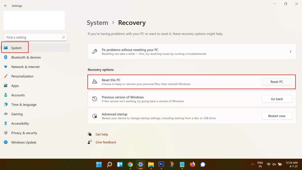 Factory Reset Windows PC