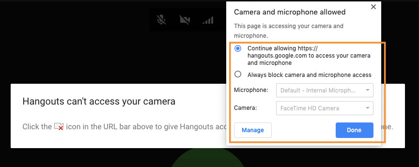 Allowing Hangouts to Access Your Camera