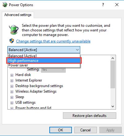 Change Energy Options from Balanced to High Performance