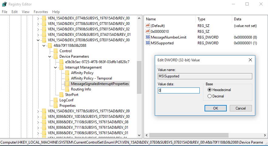 Disable MSI for the Controller in the Registry