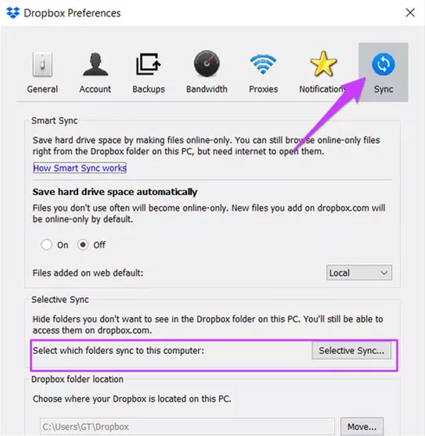 Dropbox selective syncing