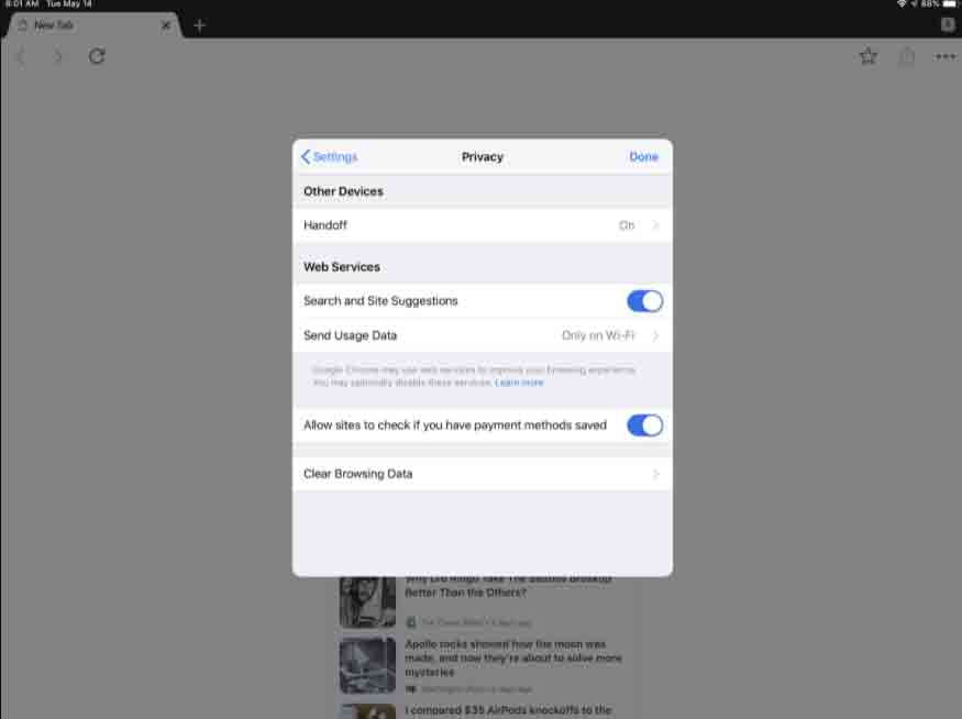 Delete Cookies of Chrome Browser on an iPad