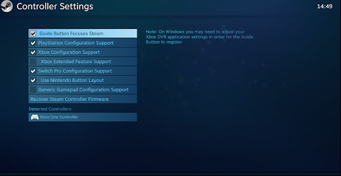 Steam App controller settings